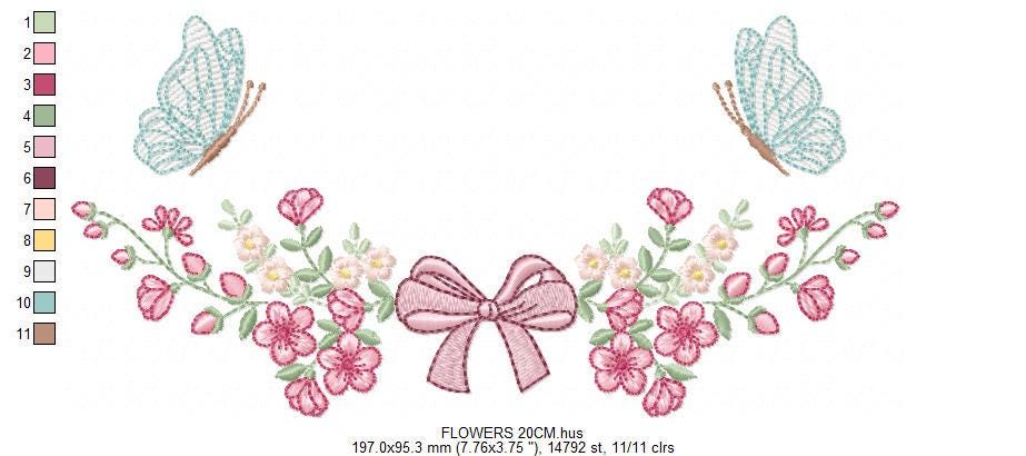 Flowers with lace embroidery designs - Cherry Blossoms with butterfly machine embroidery pattern - Floral Kitchen Towel - Instant download