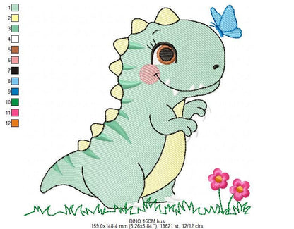 Dinosaur embroidery designs - Dino with flower machine embroidery pattern - Baby Girl Tyrannosaurus file T rex - Instant download pes jef