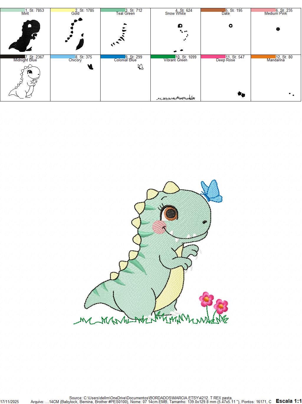 Dinosaur embroidery designs - Dino with flower machine embroidery pattern - Baby Girl Tyrannosaurus file T rex - Instant download pes jef