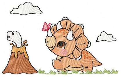 Dinosaur embroidery designs - Dino with split for name machine embroidery pattern - Baby Boy Triceratops with volcano - Instant download pes