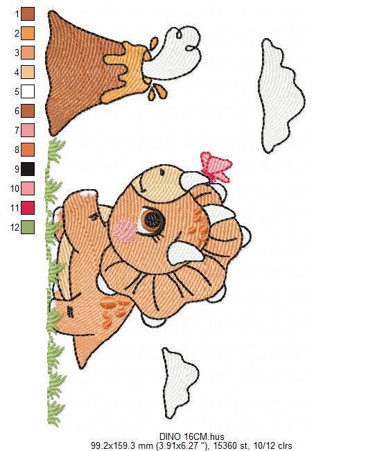 Dinosaur embroidery designs - Dino with split for name machine embroidery pattern - Baby Boy Triceratops with volcano - Instant download pes