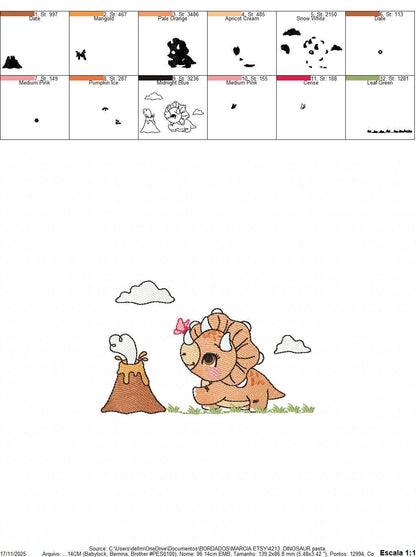 Dinosaur embroidery designs - Dino with split for name machine embroidery pattern - Baby Boy Triceratops with volcano - Instant download pes