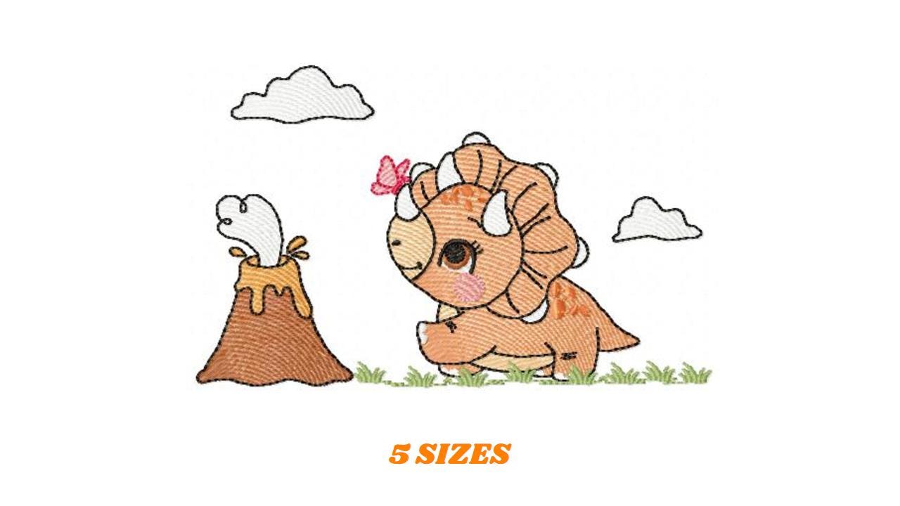 Dinosaur embroidery designs - Dino with split for name machine embroidery pattern - Baby Boy Triceratops with volcano - Instant download pes