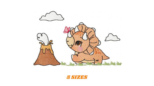 Dinosaur embroidery designs - Dino with split for name machine embroidery pattern - Baby Boy Triceratops with volcano - Instant download pes