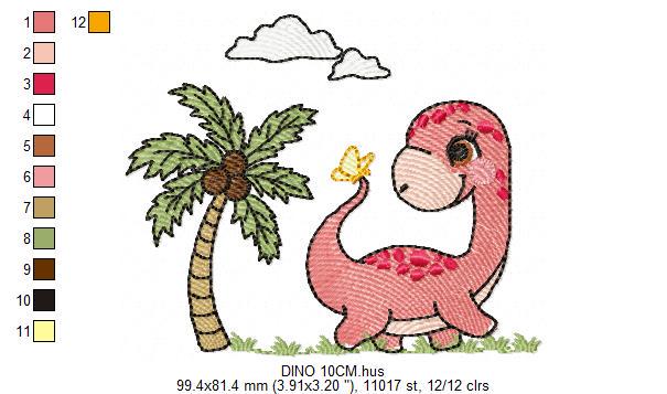 Dinosaur embroidery designs - Dino with coconut tree machine embroidery pattern - Baby boy and girl Brontosaurus - instant digital download