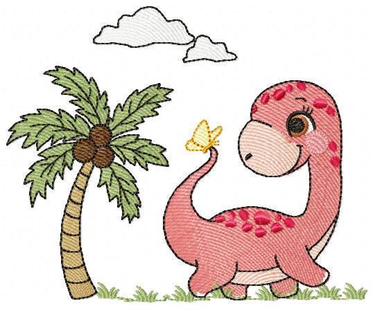 Dinosaur embroidery designs - Dino with coconut tree machine embroidery pattern - Baby boy and girl Brontosaurus - instant digital download
