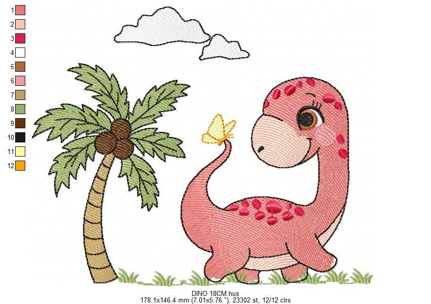 Dinosaur embroidery designs - Dino with coconut tree machine embroidery pattern - Baby boy and girl Brontosaurus - instant digital download