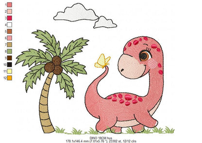 Dinosaur embroidery designs - Dino with coconut tree machine embroidery pattern - Baby boy and girl Brontosaurus - instant digital download