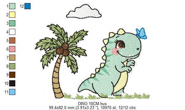 Dinosaur embroidery designs - Dino with coconut tree machine embroidery pattern - Baby Boy and Girl Tyrannosaurus T rex - Instant download
