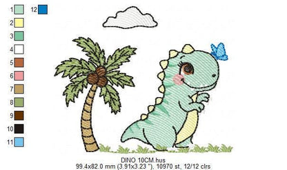 Dinosaur embroidery designs - Dino with coconut tree machine embroidery pattern - Baby Boy and Girl Tyrannosaurus T rex - Instant download
