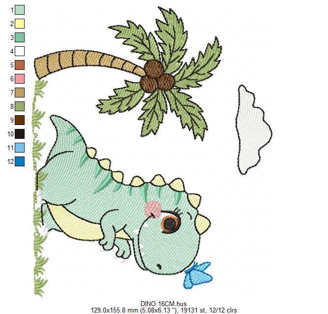 Dinosaur embroidery designs - Dino with coconut tree machine embroidery pattern - Baby Boy and Girl Tyrannosaurus T rex - Instant download