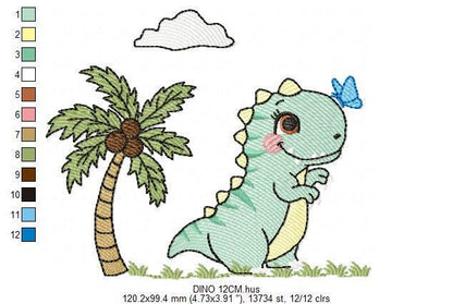 Dinosaur embroidery designs - Dino with coconut tree machine embroidery pattern - Baby Boy and Girl Tyrannosaurus T rex - Instant download