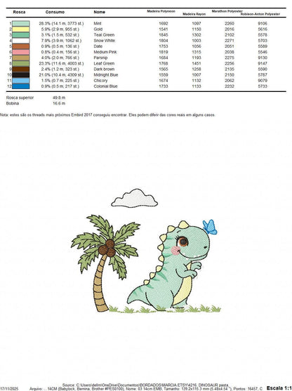 Dinosaur embroidery designs - Dino with coconut tree machine embroidery pattern - Baby Boy and Girl Tyrannosaurus T rex - Instant download