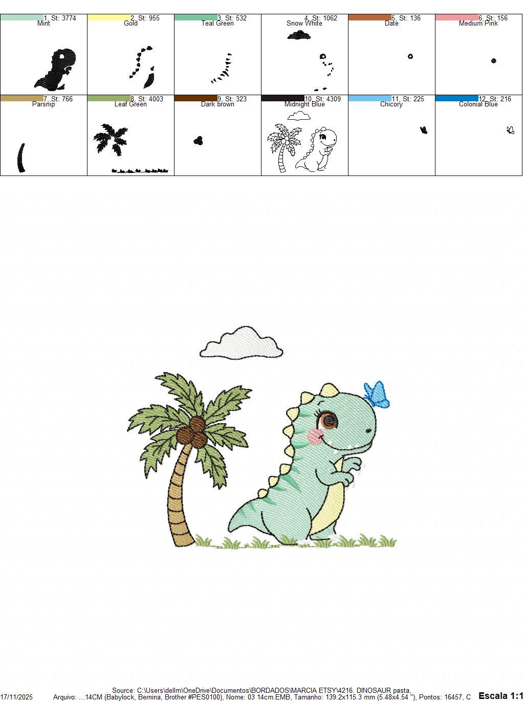 Dinosaur embroidery designs - Dino with coconut tree machine embroidery pattern - Baby Boy and Girl Tyrannosaurus T rex - Instant download