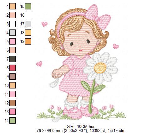 Girl with daisie embroidery designs - Princess with short hair and flowers machine embroidery pattern - Instant digital download pes jef dst