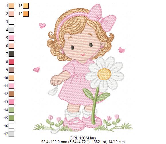 Girl with daisie embroidery designs - Princess with short hair and flowers machine embroidery pattern - Instant digital download pes jef dst