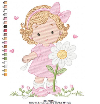 Girl with daisie embroidery designs - Princess with short hair and flowers machine embroidery pattern - Instant digital download pes jef dst