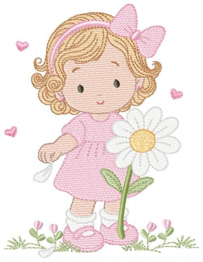 Girl with daisie embroidery designs - Princess with short hair and flowers machine embroidery pattern - Instant digital download pes jef dst