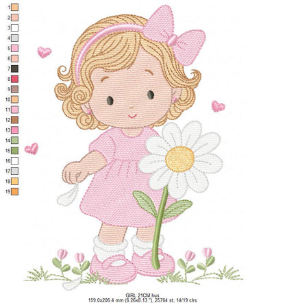 Girl with daisie embroidery designs - Princess with short hair and flowers machine embroidery pattern - Instant digital download pes jef dst