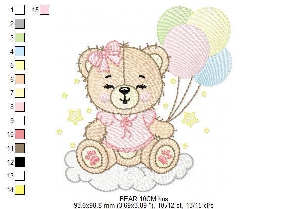 Bear with balloons embroidery designs - Baby girl pink bow and cloud machine embroidery pattern - Birthday party - Instant digital download