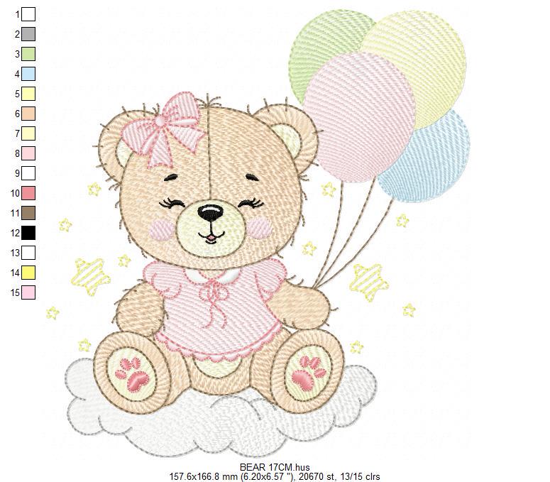 Bear with balloons embroidery designs - Baby girl pink bow and cloud machine embroidery pattern - Birthday party - Instant digital download