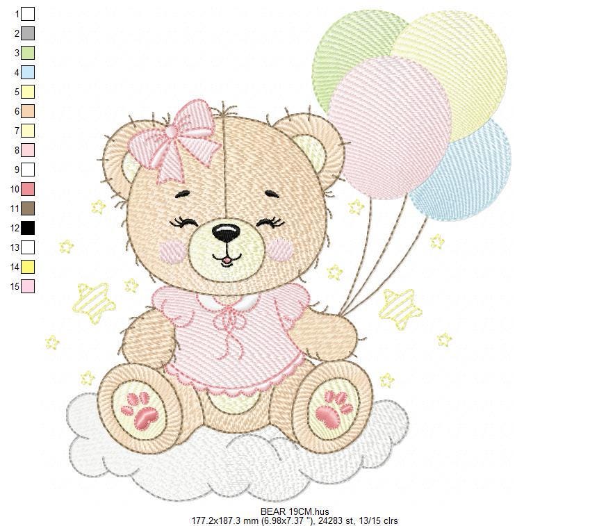 Bear with balloons embroidery designs - Baby girl pink bow and cloud machine embroidery pattern - Birthday party - Instant digital download