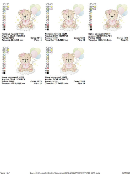 Bear with balloons embroidery designs - Baby girl pink bow and cloud machine embroidery pattern - Birthday party - Instant digital download