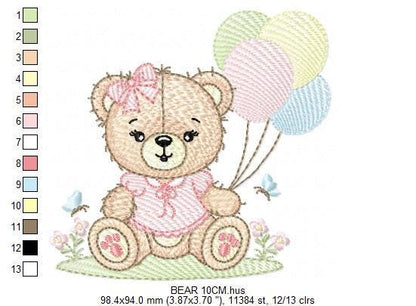 Bear with balloons embroidery designs - Baby girl with butterflies embroidery pattern - Birthday party - Instant digital download pes jef
