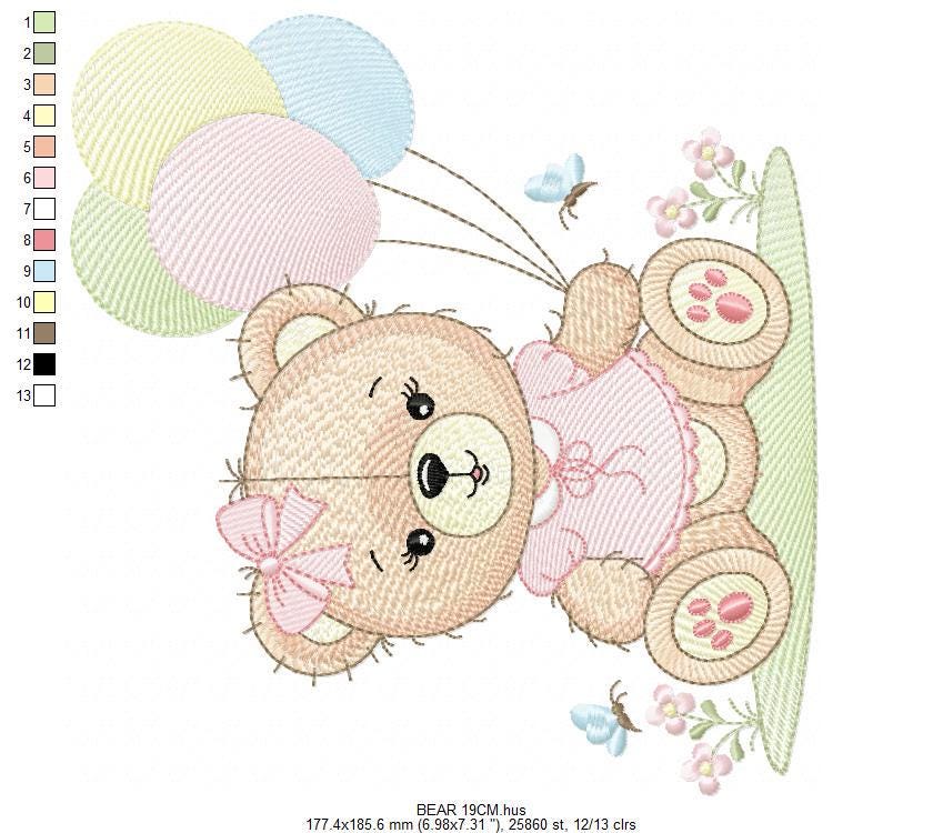 Bear with balloons embroidery designs - Baby girl with butterflies embroidery pattern - Birthday party - Instant digital download pes jef