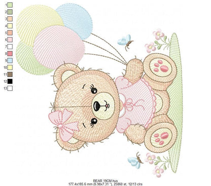 Bear with balloons embroidery designs - Baby girl with butterflies embroidery pattern - Birthday party - Instant digital download pes jef