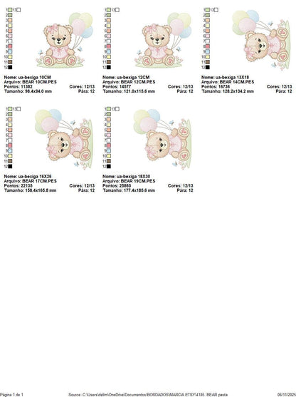 Bear with balloons embroidery designs - Baby girl with butterflies embroidery pattern - Birthday party - Instant digital download pes jef