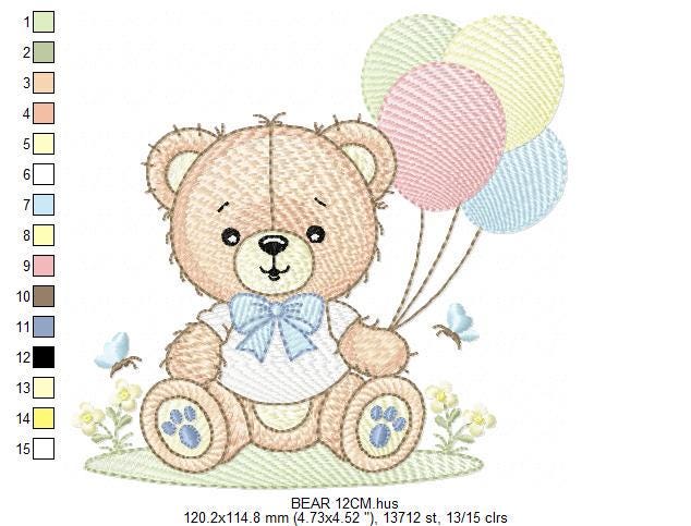 Bear with balloons embroidery designs - Baby Boy Bear with butterflies machine embroidery pattern - Birthday party - Instant download pes