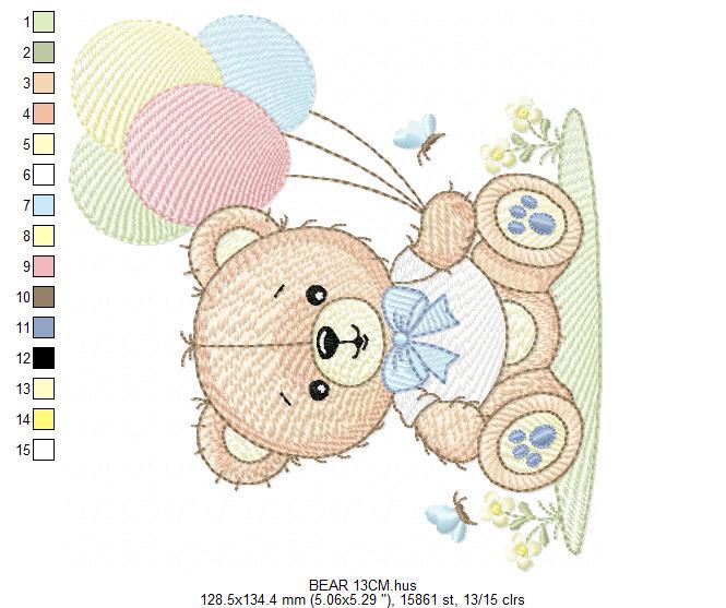 Bear with balloons embroidery designs - Baby Boy Bear with butterflies machine embroidery pattern - Birthday party - Instant download pes