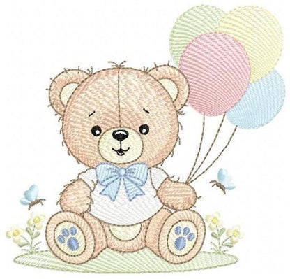 Bear with balloons embroidery designs - Baby Boy Bear with butterflies machine embroidery pattern - Birthday party - Instant download pes