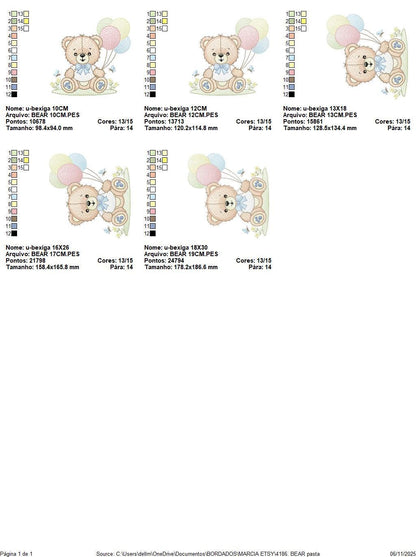 Bear with balloons embroidery designs - Baby Boy Bear with butterflies machine embroidery pattern - Birthday party - Instant download pes