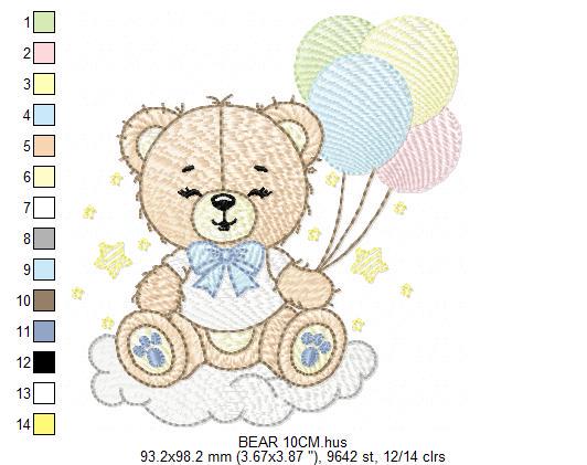 Bear with balloons embroidery designs - Baby Boy Bear with stars and cloud machine embroidery pattern - Birthday party - Instant download