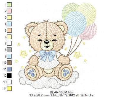 Bear with balloons embroidery designs - Baby Boy Bear with stars and cloud machine embroidery pattern - Birthday party - Instant download