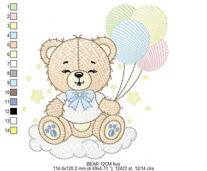 Bear with balloons embroidery designs - Baby Boy Bear with stars and cloud machine embroidery pattern - Birthday party - Instant download