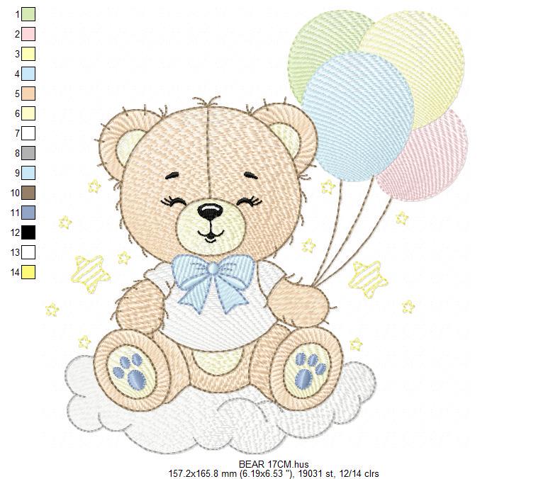 Bear with balloons embroidery designs - Baby Boy Bear with stars and cloud machine embroidery pattern - Birthday party - Instant download