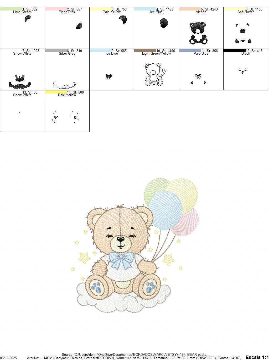Bear with balloons embroidery designs - Baby Boy Bear with stars and cloud machine embroidery pattern - Birthday party - Instant download