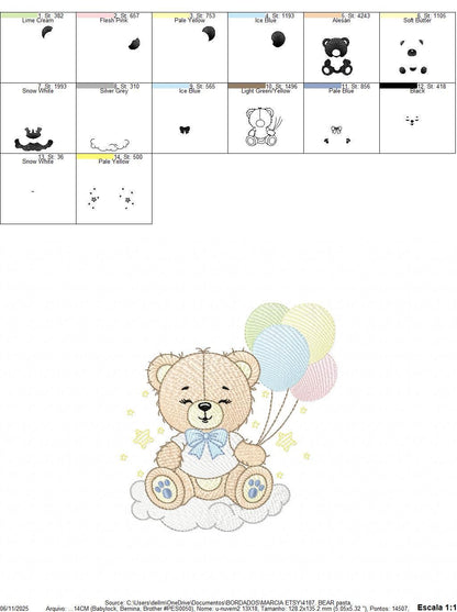 Bear with balloons embroidery designs - Baby Boy Bear with stars and cloud machine embroidery pattern - Birthday party - Instant download