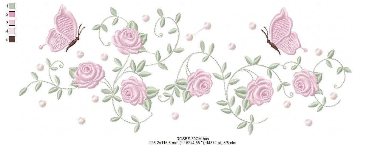 Roses with butterfly embroidery designs - Flowers machine embroidery pattern - Floral Kitchen towel - Instant digital download pes jef dst