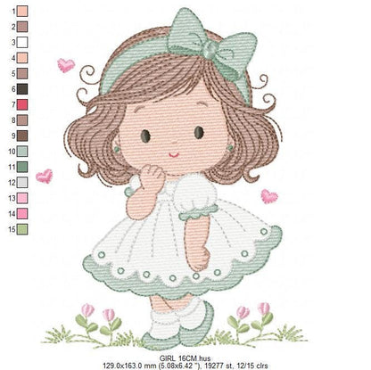 Baby girl embroidery designs - Girl with long hair and lace machine embroidery pattern - Princess with flower - Instant download pes jef dst