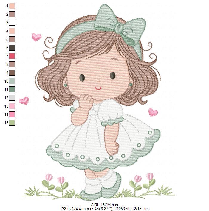 Baby girl embroidery designs - Girl with long hair and lace machine embroidery pattern - Princess with flower - Instant download pes jef dst