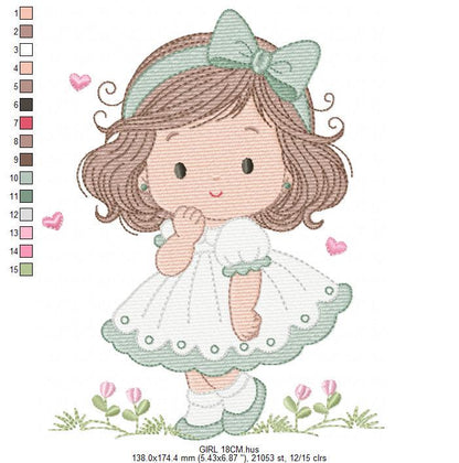 Baby girl embroidery designs - Girl with long hair and lace machine embroidery pattern - Princess with flower - Instant download pes jef dst