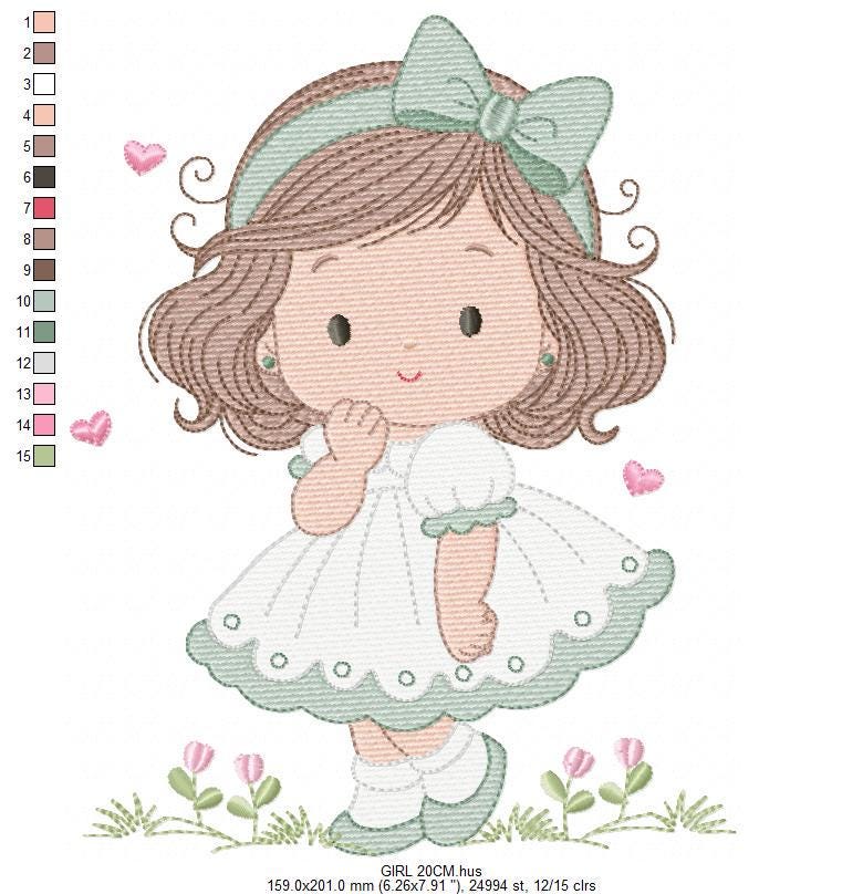Baby girl embroidery designs - Girl with long hair and lace machine embroidery pattern - Princess with flower - Instant download pes jef dst
