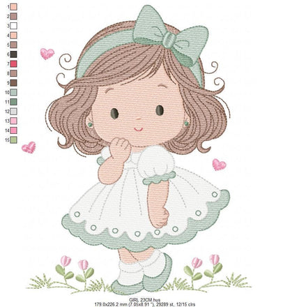 Baby girl embroidery designs - Girl with long hair and lace machine embroidery pattern - Princess with flower - Instant download pes jef dst