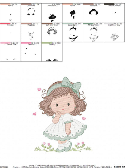 Baby girl embroidery designs - Girl with long hair and lace machine embroidery pattern - Princess with flower - Instant download pes jef dst