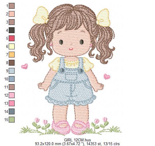 Baby girl embroidery designs - Girl with long hair ponytail and hearts machine embroidery pattern - Princess with flower - Instant download