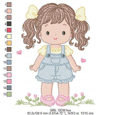 Baby girl embroidery designs - Girl with long hair ponytail and hearts machine embroidery pattern - Princess with flower - Instant download